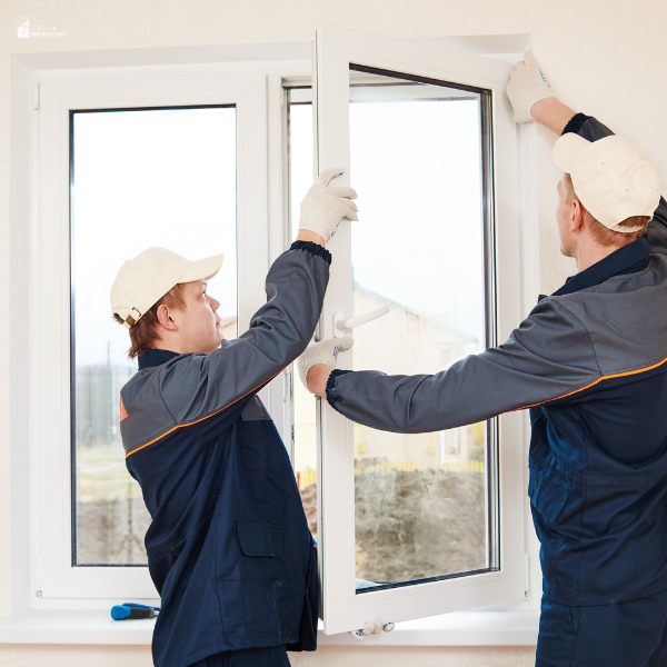 Professional installers fit a new energy-efficient window to improve insulation and reduce home energy loss.