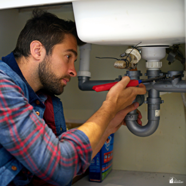 A man using a wrench to tighten pipes under a kitchen sink, performing house plumbing maintenance.