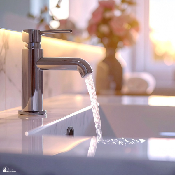 Water flowing from a modern chrome faucet into a clean bathroom sink with soft lighting.