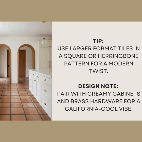 A bright kitchen with terracotta floor tiles, white cabinets, and brass hardware showcasing a modern California-cool design.