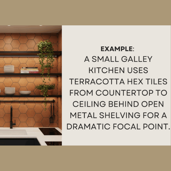 A galley kitchen featuring terracotta hex tiles from counter to ceiling behind sleek black open shelving and potted plants.