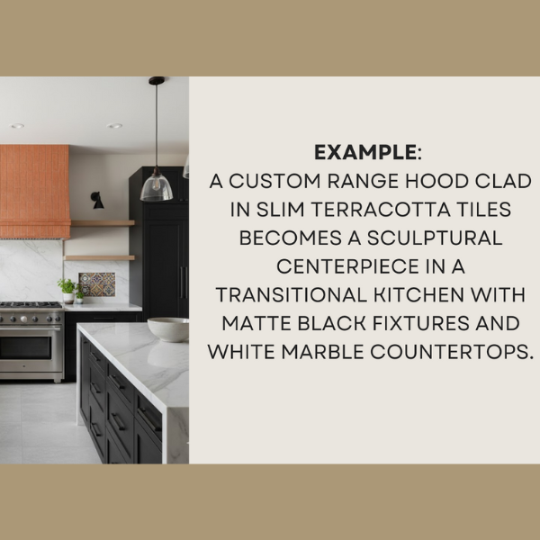 A transitional kitchen with a custom terracotta tile range hood, white marble countertops, and matte black cabinetry.