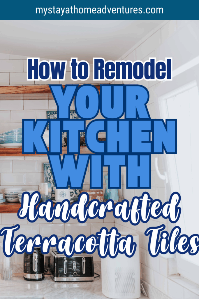 A bright kitchen with white terracotta tile backsplash, wooden shelves, and colorful dishes styled above a counter with small appliances.