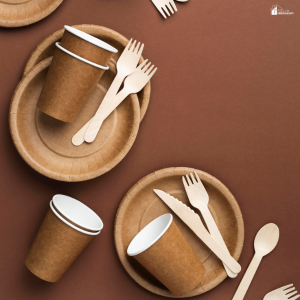 A flat lay of biodegradable paper plates, cups, and wooden utensils arranged on a brown surface, for easy eating when moving.