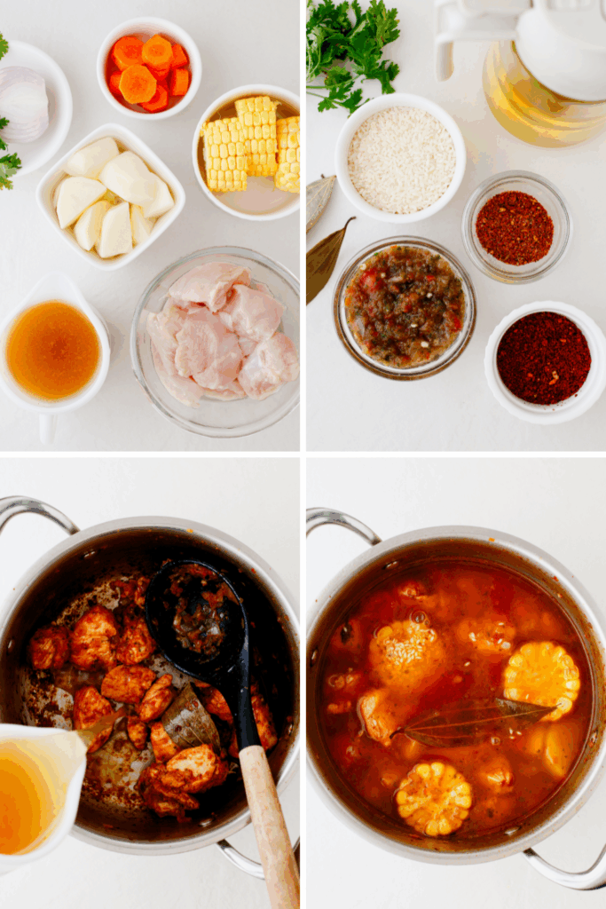 Flat lay of fresh ingredients and herbs prepared as well as the process for making a traditional Puerto Rican chicken soup.