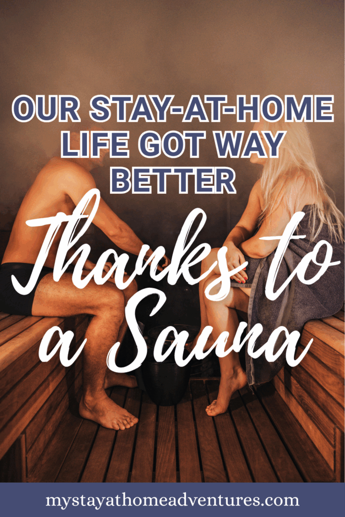A man and woman sit across from each other in a warm, steamy sauna with wood interior.
