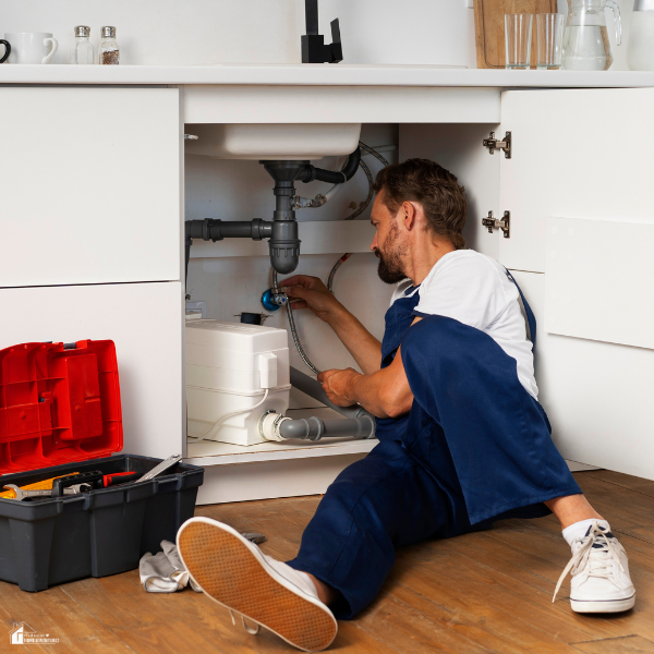 A plumber sitting on the floor working under a kitchen sink with a toolbox nearby.