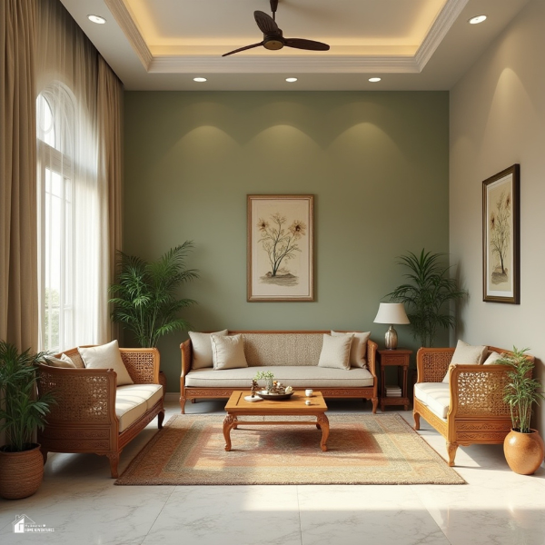 A cozy and elegant living room with warm wood furniture, indoor plants, and soft lighting for a practical home upgrade.