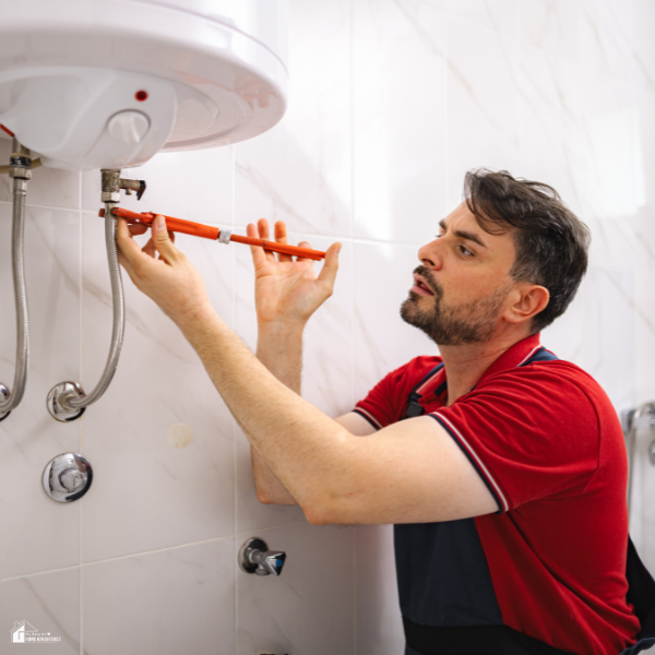 A man uses a wrench to tighten plumbing connections on a bathroom water heater.