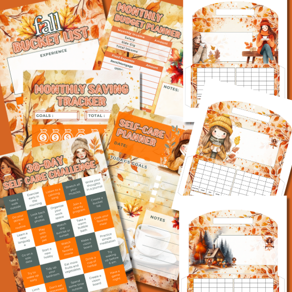 A fall-themed printable set featuring a self-care challenge, budget sheets, savings tracker, and seasonal cash envelopes with cozy designs.