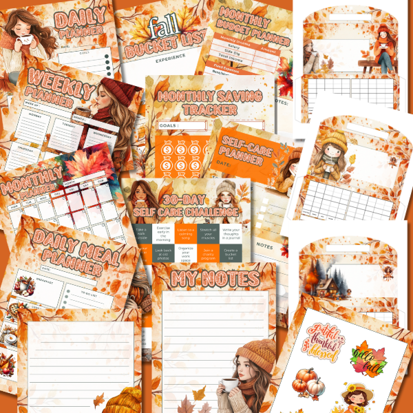 A full printable fall planner bundle featuring colorful pages for daily planning, budgeting, self-care, meal tracking, and festive envelopes with autumn-themed illustrations.