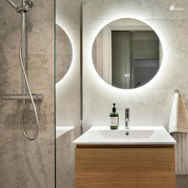 A round backlit mirror hangs above a modern wood vanity in a small bathroom with a walk-in shower.
