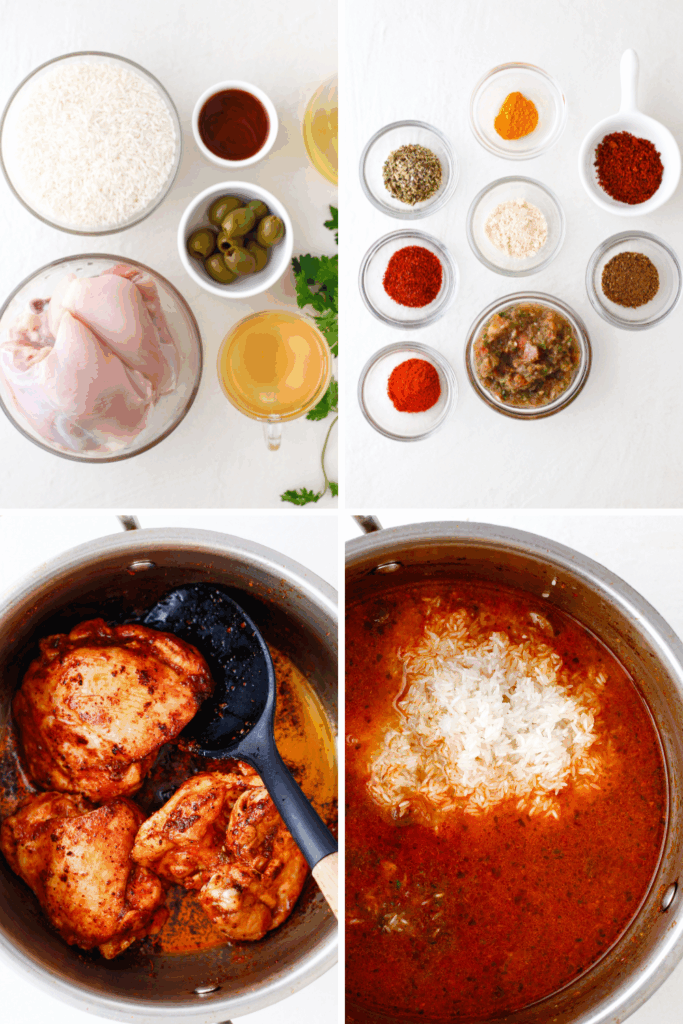 Ingredients and step-by-step cooking process for arroz con pollo including seasoned chicken, rice, olives, and spices in a pot.
