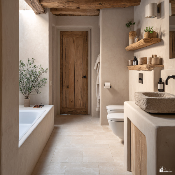A natural stone bathroom features a rustic wood door, stone sink, and tiled floor with earthy tones and decor.