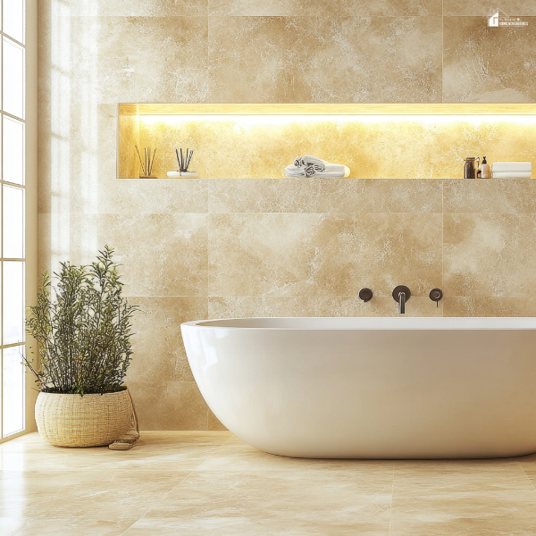A modern bathroom showcases a white freestanding tub with beige natural stone walls and matching stone flooring.