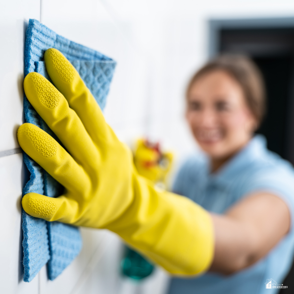 A woman wearing yellow rubber gloves wipes down white tiled walls with a blue cleaning cloth.
