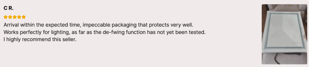 A customer review for a bathroom mirror purchase.