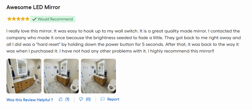 A customer review for a bathroom mirror purchase.