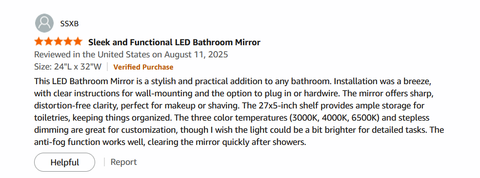 A customer review for a bathroom mirror purchase.