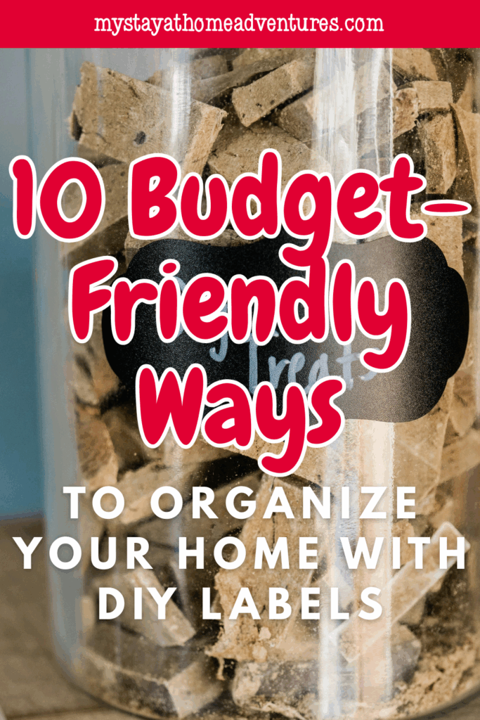 A close-up of a clear container filled with treats and labeled with a chalkboard-style sticker.
