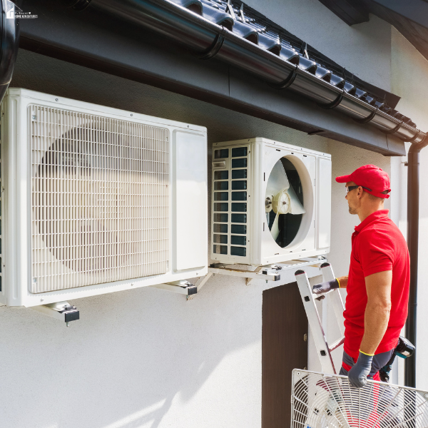 A man checking a heating and cooling system outside of a home.