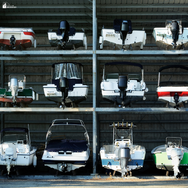 A multi-level storage facility holding several boats on racks illustrates how families can store watercraft safely before winter.