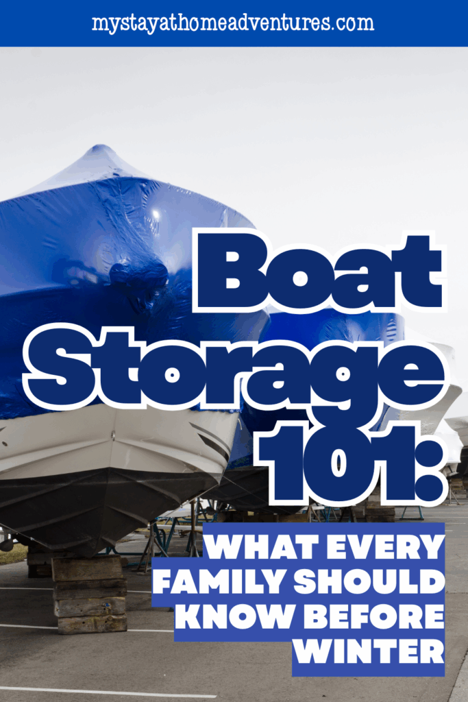 A shrink-wrapped boat in an outdoor storage area demonstrates a common method families use to protect their watercraft before winter.