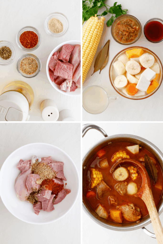 Step-by-step collage showing the ingredients, seasoning process, chopped vegetables, and simmering pot of Puerto Rican beef sancocho.