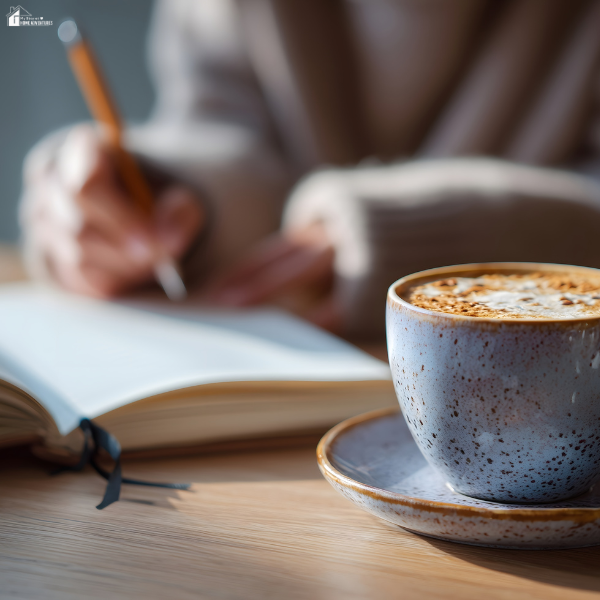 A person writes in a journal at a table with a cup of coffee in the foreground to support mindful food journaling.