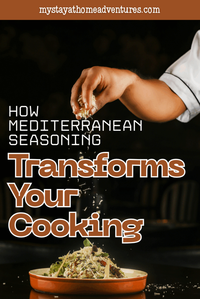 A chef’s hand sprinkles herbs over a plated dish, illustrating how Mediterranean seasoning enhances flavor and presentation in home cooking.