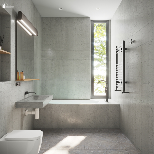 Sleek, minimalist bathroom with a concrete design, wall-mounted sink, and narrow window allowing natural light.