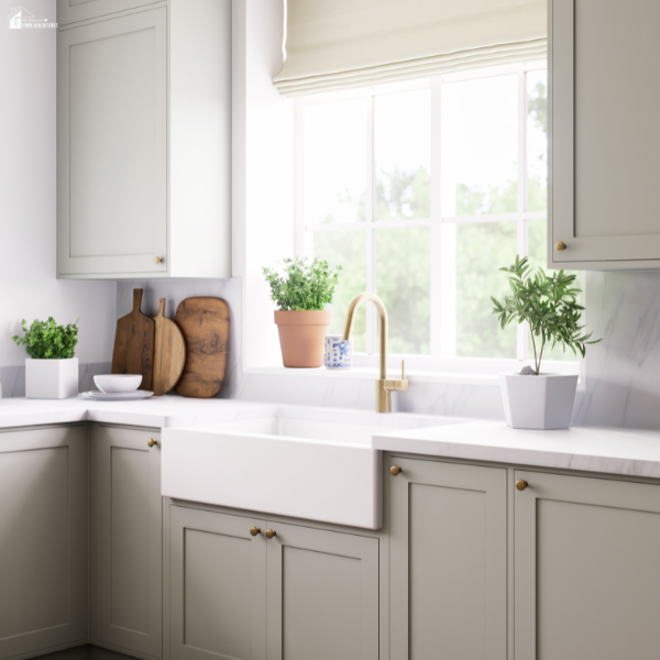 A bright kitchen with light cabinetry, a farmhouse sink, and potted herbs set near a large window.