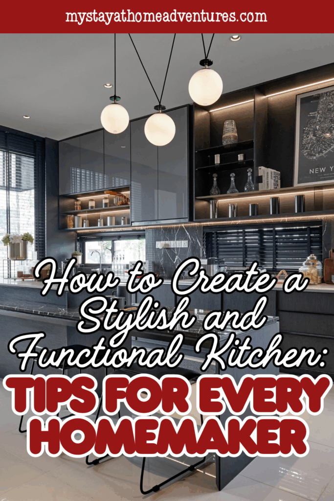 A contemporary kitchen with dark cabinetry, pendant lights, and organized shelving shown as a visual for creating a stylish and functional kitchen.