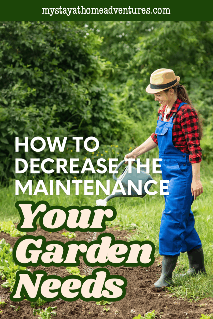 A woman waters a small garden, representing practical steps to reduce gardening maintenance.