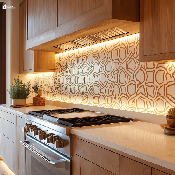 A stylish kitchen featuring wooden cabinets, a patterned backsplash, and under-cabinet lighting.