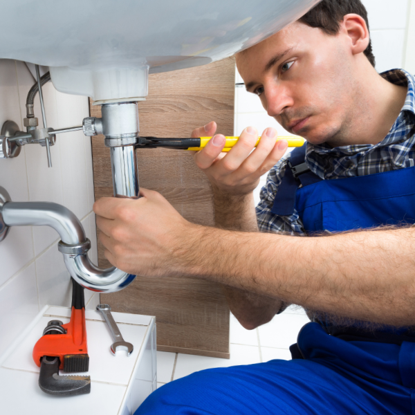 A professional plumber tightens a pipe beneath a bathroom sink using a wrench.