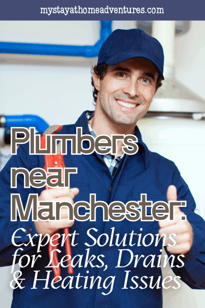 A smiling plumber in blue uniform holds a wrench and gives thumbs up in a boiler room.
