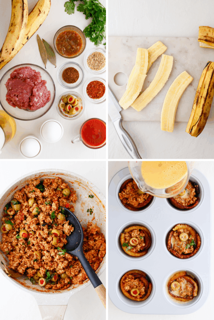 Step-by-step collage showing ingredients for Puerto Rican Piñonos, plantain preparation, beef filling in a skillet, and assembling cups in a muffin tin.