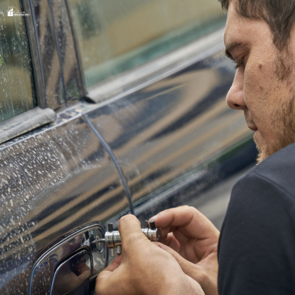 A professional locksmith repairs a car door lock to help ensure secure driving.
