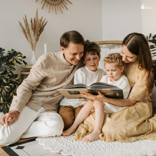 A family enjoys quality time reading together in a calm, well-planned home setting that reflects simple daily routines.