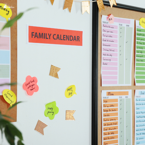 A colorful and organized family calendar shows how planning systems help keep home life smooth and stress-free.