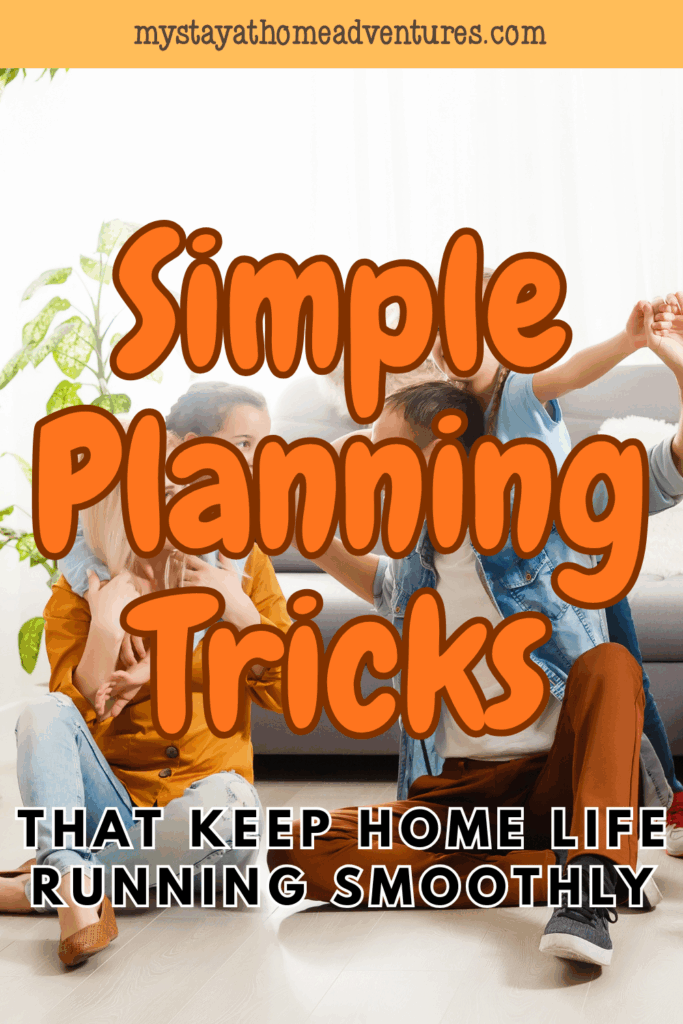 A happy family in a bright living room represents how simple planning tricks support a peaceful and organized household.