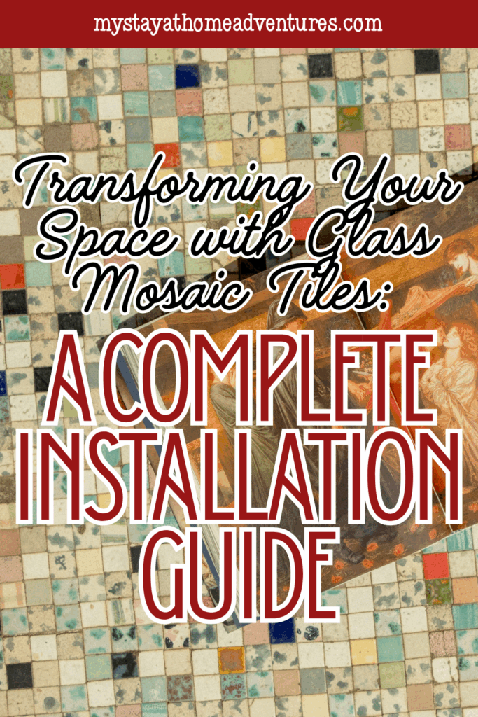 Decorative glass mosaic tile wall with intricate square patterns and soft vintage hues in the background.