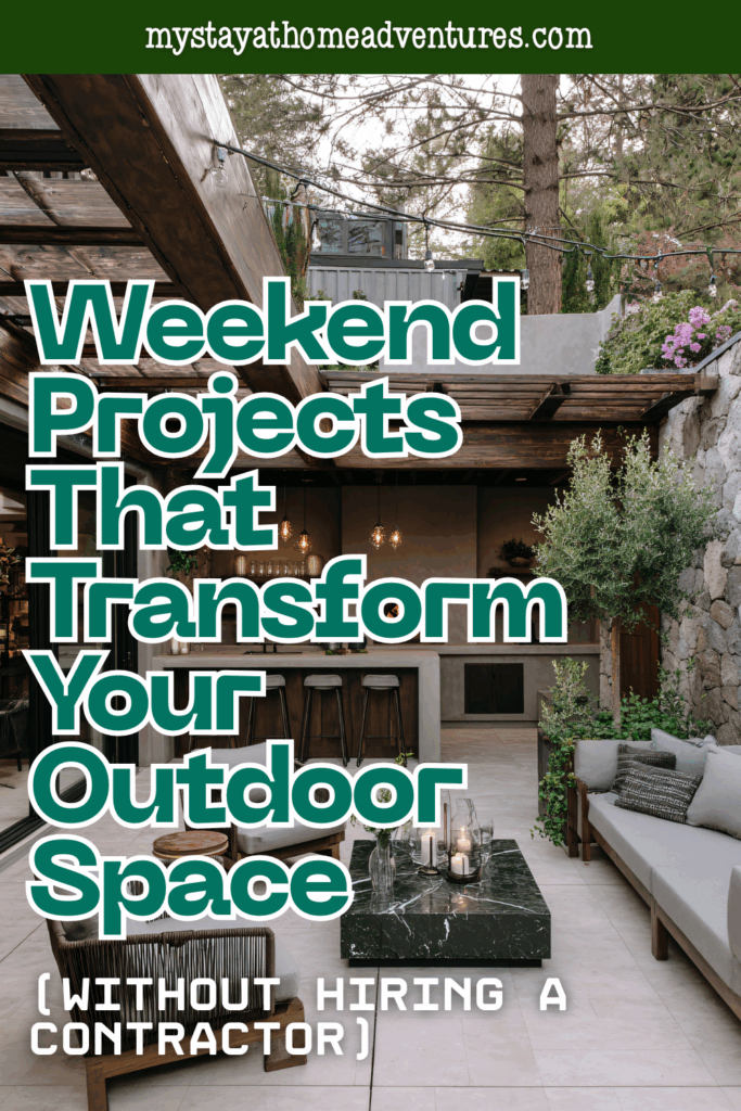 A stylish outdoor patio with seating, greenery, and a covered pergola highlights how simple weekend projects can elevate an outdoor living area.