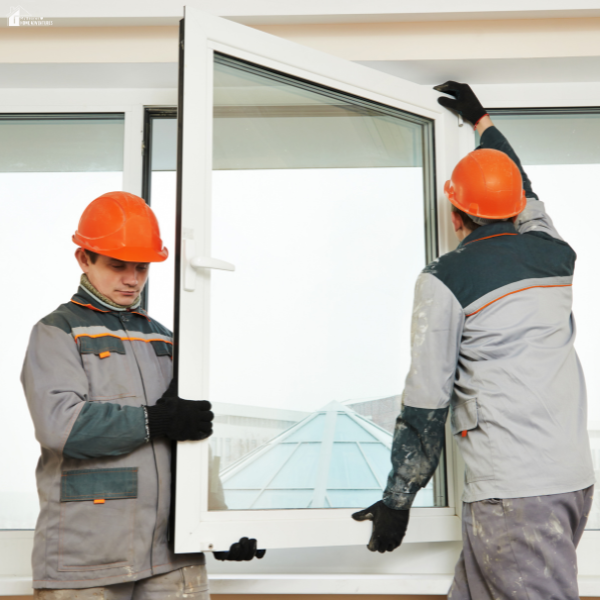 Two construction workers in safety gear install a large window in a home improvement project.