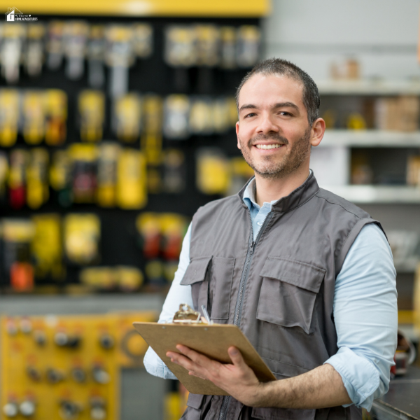 A smiling contractor holds a clipboard while standing in front of hardware supplies.