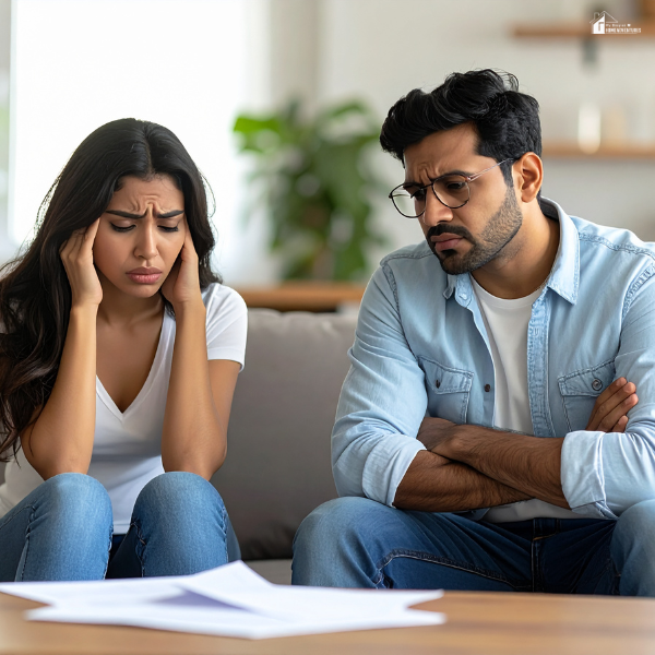 Stressed couple sitting on a couch, looking worried while reviewing bills.