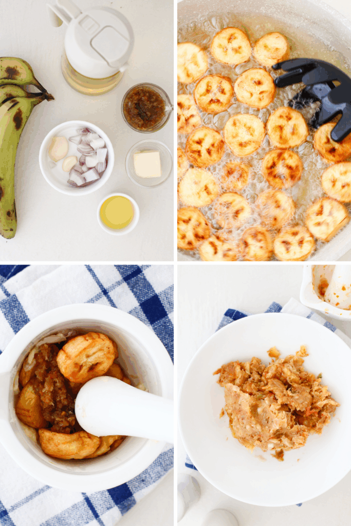 A step-by-step collage showing green plantains, ingredients, frying plantains, mashing, and forming the mofongo mixture.