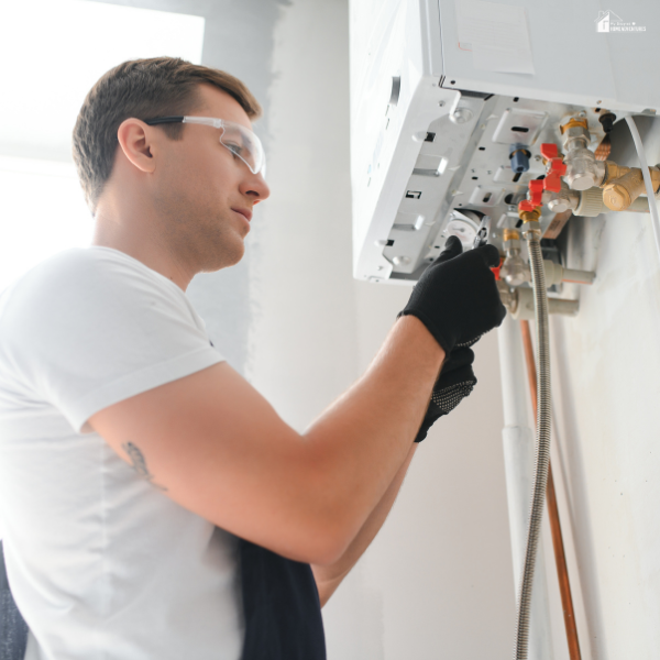 A technician wearing safety glasses and gloves adjusts valves on a wall-mounted boiler.