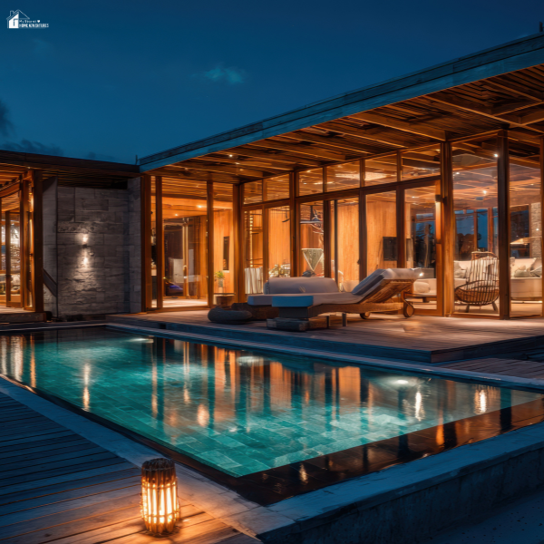 A luxury backyard pool with a modern home at night, representing the kind of upscale build that may benefit from creative financing solutions.